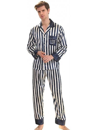 Sleep Sets Men's Lightweight Button Down Striped Pajama Set Long Pjs Set Soft Loungewear Sleepwear - Black - CS18XIGC4I8 $31.39