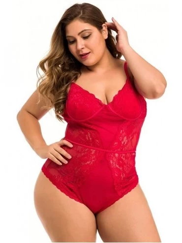 Slips New One Piece Women Plus Size Mesh Lace V-Neck Teddy Lingerie Jumpsuit Underwear - Red - CO18ZQY05TH $18.01
