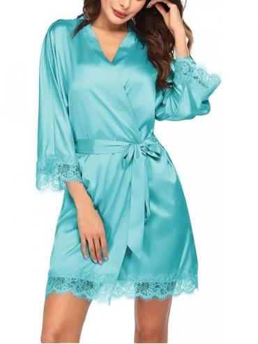 Robes Women's Pure Color Short Satin Kimono Robes with Oblique V-Neck Bridesmaid Wedding Party Dressing Gown XS-XXL - Blue Gr...