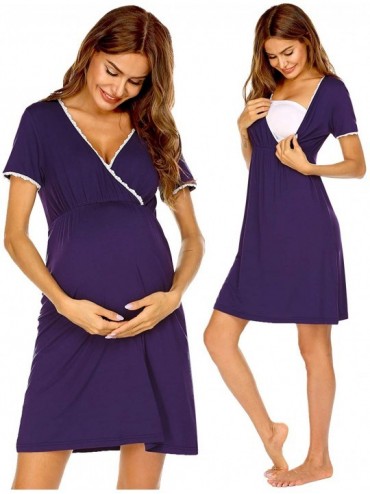 Nightgowns & Sleepshirts Women 3 in 1 Delivery/Labor/Maternity/Nursing Nightgown Short Sleeve Pleated Breastfeeding Sleep Dre...