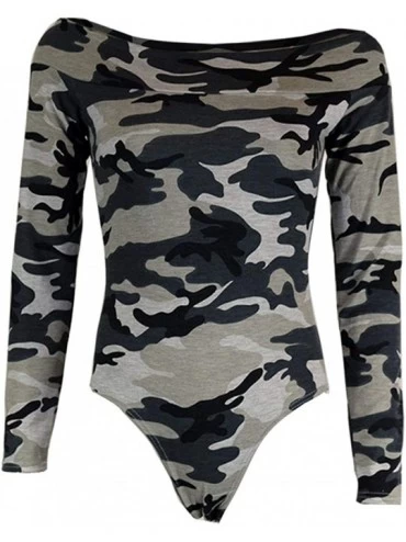 Shapewear Womens Off Shoulder Long Sleeve Bardot Bodysuit Ladies Summer Wear Leotard Top S/3XL - Camouflage Grey Print - CG18...