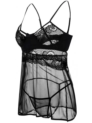 Slips Sexy Sleepwear Set for Women Chemise Lingerie Lace Babydoll Straps V-Neck Backless Nightgowns Nightdress - Black - CF19...