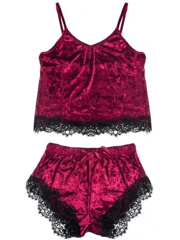 Sets Pajamas Set Womens Lace Satin Nightwear Lingerie Gown Sleep Cami PJS Set with Shorts Wine - Wine - CI19467LRS6 $10.34