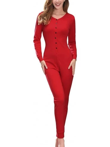 Sets Womens Cotton Onesies Pajamas One Piece Thermal Underwear Union Suits Henley for Adult - Red - C918X5TANY9 $45.84