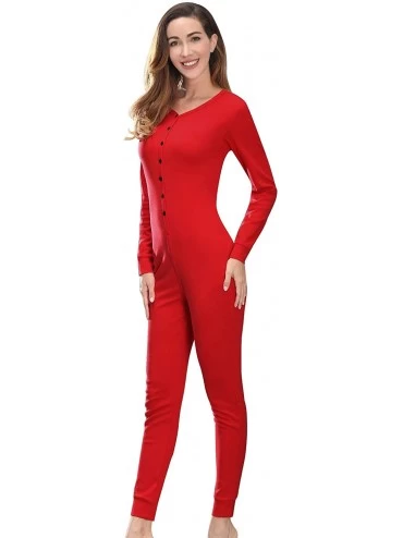 Sets Womens Cotton Onesies Pajamas One Piece Thermal Underwear Union Suits Henley for Adult - Red - C918X5TANY9 $21.68