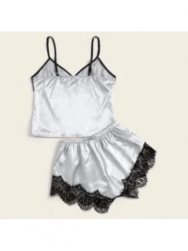 Sets Womens Lace Trim Sexy Lingerie Satin Pajamas Sleepwear Sexy V-Neck Cami Top and Shorts PJS Outfits - White - CH192ONIQ0Y...