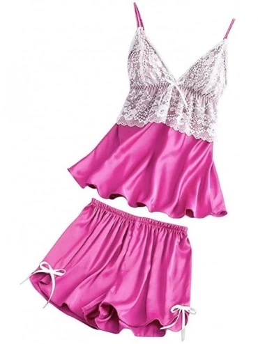 Sets Women Satin Lace V-Neck Camisole Bowknot Shorts Set Sleepwear Pajamas Lingerie - Hot Pink - CM194EO6OUL $17.81