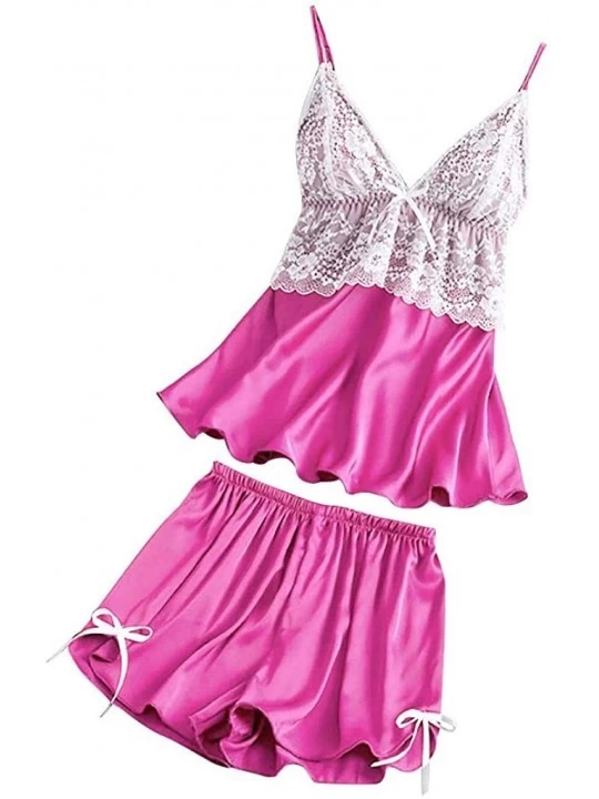 Sets Women Satin Lace V-Neck Camisole Bowknot Shorts Set Sleepwear Pajamas Lingerie - Hot Pink - CM194EO6OUL $7.27