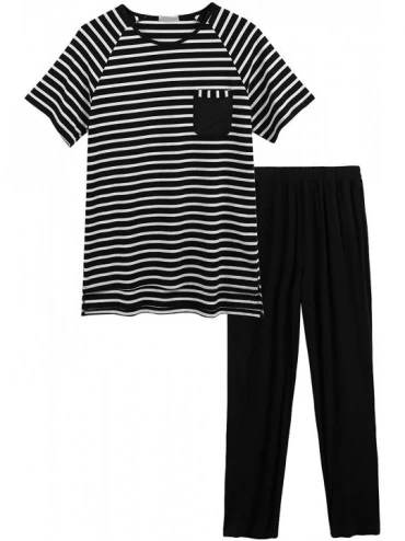 Sleep Sets Men's Summer Pajamas Set Short Sleeve Striped Raglan T-Shirt and Pants Set PJS Sleepwear Lounge Set - Black - CN18...