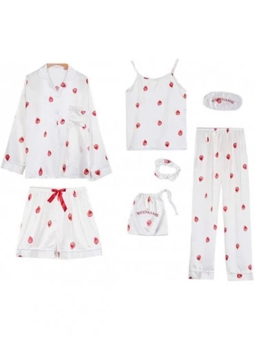 Sets Womens Silky Satin Pajamas Sleepwear Loungewear Cute Printed Seven Pieces Pj Sets Sleeping Homewear Strawberry 2 - CF19C...