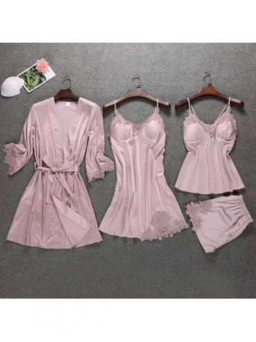 Sets Satin Sleepwear Female with Chest Pads Sexy Women Pajamas Lace Silk Sleep Lounge 4 Pieces Sets Elegant Ladies Indoor Clo...