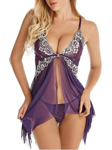 Baby Dolls & Chemises Women's Nightdress Sexy Lingerie Plus Size Front Closure Babydoll Lace V Neck Camisole Sleepwear - Purp...