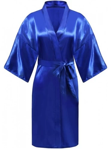 Robes Womens One Size Glittering Bride Bridesmaid Silky Short Kimono Robe Solid Color for Wedding Getting Ready Sapphire - CQ...