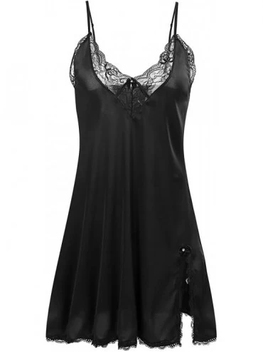 Baby Dolls & Chemises Women's Sleepwear Silky Satin Chemise Nightgown Sexy Lingerie Nightwear Loungewear S-XXL - Black - CG18...