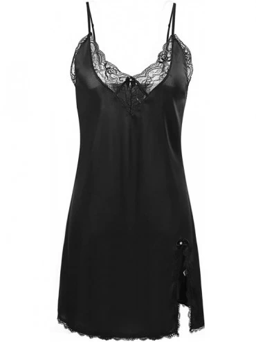 Baby Dolls & Chemises Women's Sleepwear Silky Satin Chemise Nightgown Sexy Lingerie Nightwear Loungewear S-XXL - Black - CG18...