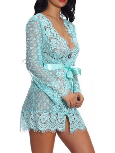 Sets Womens Sexy Lace Short Robe Sheer Lingerie Bridal Floral See Thru Nightgown Robe with G String Thong Underwear Green - C...