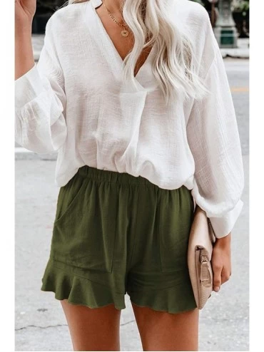 Bottoms Women Cotton Casual Shorts Solid Color High Waist Pleated Loose Summer Pants with Pockets - Green - C6199I54C6C $22.56