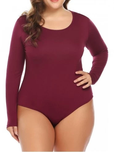 Shapewear Womens Plus Size Bodysuit Long Sleeve Stretchy Leotard Scoop Neck Top Tees - Wine Red 1 - C3185I06NKM $36.37