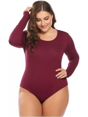 Shapewear Womens Plus Size Bodysuit Long Sleeve Stretchy Leotard Scoop Neck Top Tees - Wine Red 1 - C3185I06NKM $23.59