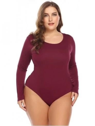 Shapewear Womens Plus Size Bodysuit Long Sleeve Stretchy Leotard Scoop Neck Top Tees - Wine Red 1 - C3185I06NKM $23.59
