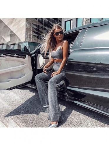 Bottoms Women Bell Botton Pants Casual Loose Solid Color Fashion High Waist Silver Sequins Casual Wide Leg Flare Pants Gray -...