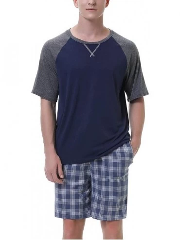 Sleep Sets Men's 100% Cotton Pajamas Set Short Sleeve Crew Neck Lounge Sleepwear - Blue Plaid - CB190K09RWU $47.08