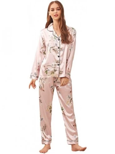 Sets Women's Pajama Set Floral Print Button Down Satin Sleepwear Long Sleeve Nightwear Pants Loungewear - Pink - C9192EGC0MM ...