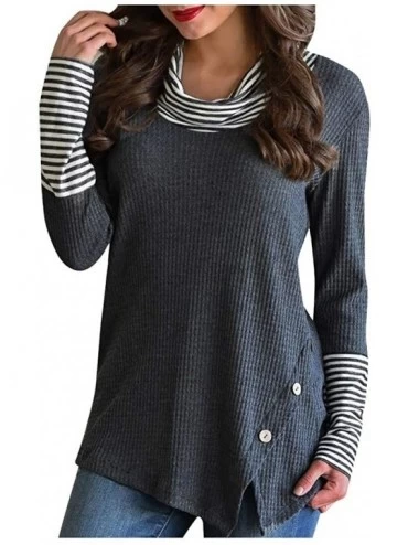 Thermal Underwear Women's Cowl Neck Sweater Asymmetric Hem Stripe Long Sleeve Button Blouse Knit Pullover Tops - Dark Gray - ...