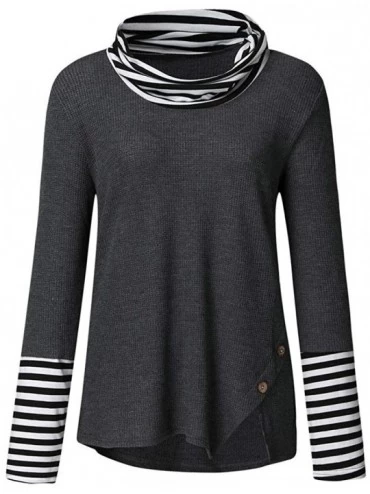 Thermal Underwear Women's Cowl Neck Sweater Asymmetric Hem Stripe Long Sleeve Button Blouse Knit Pullover Tops - Dark Gray - ...