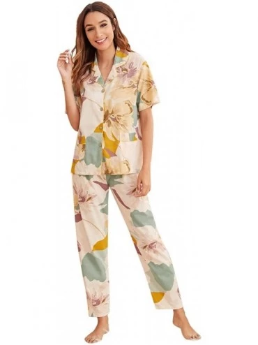Sets Women's Pajamas Set Button Down Sleepwear Short Sleeve Nightwear Pants Loungewear - Multicolor - CN1976XYCLU $24.77