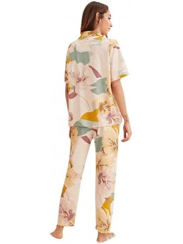 Sets Women's Pajamas Set Button Down Sleepwear Short Sleeve Nightwear Pants Loungewear - Multicolor - CN1976XYCLU $24.77