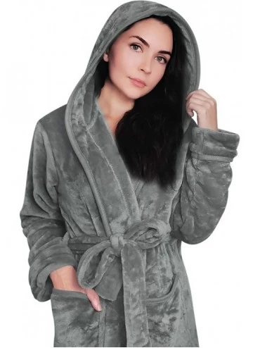 Robes Women Fleece Hooded Bathrobe - Plush Long Robe - Steel Grey - CM18ZEM270Z $23.26