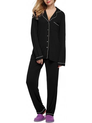 Sets Women's Polar Fleece Sleepwear Button Down Pajama Set with Long Pants Cozy Loungewear - Black2 - C818IG7630S $64.01