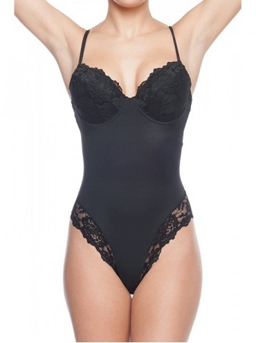 Shapewear Smooth and Silky Bodysuit Shaper with Built-in Wire Bra and Sexy Lace Trims - Black - CY11VYHIJ71 $51.14