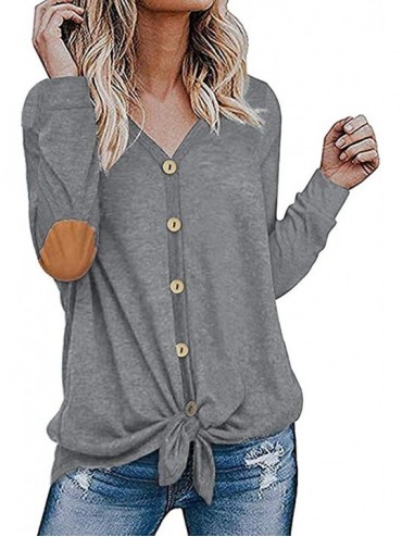 Tops Women's Winter Fashion Long Sleeve Elbow Patch Button Hem Tied TopSequins Plaid T-Shirt Blouse - Gray - C9194Q3K85R $32.47