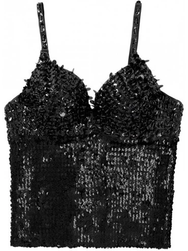 Bustiers & Corsets Women's Dazzling Glittery Sequins Push up Bustier Club Party Crop Top Vest - Black - CH1947X39IZ $29.61