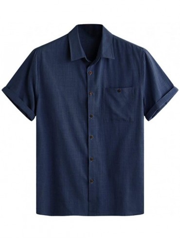 Thermal Underwear Men's Linen Comfy Solid Color Long Sleeve T Shirt Loose Casual Blouse - E Navy - CS18TTDLZ59 $62.12