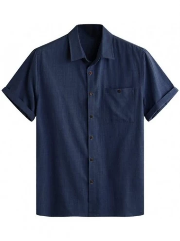 Thermal Underwear Men's Linen Comfy Solid Color Long Sleeve T Shirt Loose Casual Blouse - E Navy - CS18TTDLZ59 $36.24