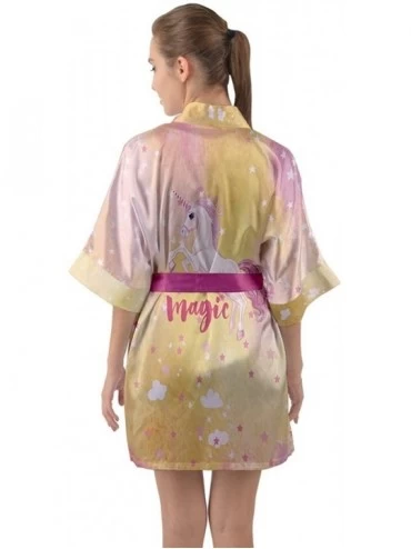 Robes Womens Cute Nightgown Galaxy & Rainbow Unicorn Print Comfy Kimono Robe Size XS-3XL - Pink & Yellow - C318ERCIXAG $36.01