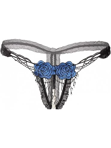 Sets Sexy Pendant Pearl G String Women Panties Embroidery Flowers Low Waist Thongs Underwear Panties - Blue - CD194W56UML $20.28