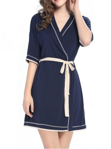 Robes Women's Robe Soft Kimono Knit Spa Bathrobe Sleepwear Loungewear XS-XL - Dark Blue - CU1804O2QDT $38.08