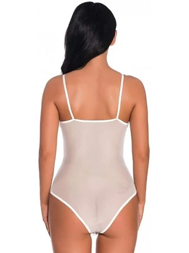 Bras Women Deep V Sexy Lace Bodysuit Snap Crotch Lingerie Teddy Underwear Babydoll - B-white - CH18X5MQU30 $17.94