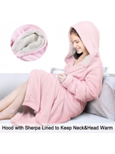 Robes Hooded Sherpa Robe Long Plush Fuzzy Bathrobe for Women with Hood Sherpa Lined - Pink - CS180GU6Y30 $27.22