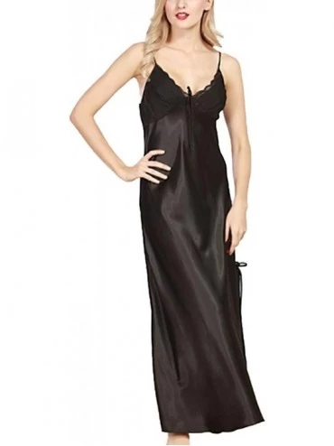Nightgowns & Sleepshirts Women's Satin Nightgown Sleeveless Sleepwear Night Dress Lace Trimmed Full Length Slip Dress - Black...