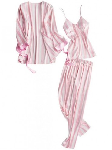 Garters & Garter Belts Pajamas Set Sleepwear Women Sleepdress Kimono Robe Long Trousers Striped Nightwear 3PC Sets - Pink - C...