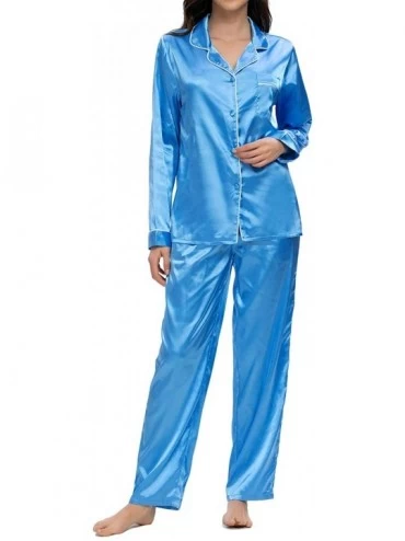 Sets Women's Satin Pajamas Set Long Sleeve and Button-Down Sleepwear Silky Loungewear PJ Sets - A_blue3 - C419DCU4GCN $46.94