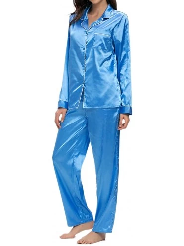 Sets Women's Satin Pajamas Set Long Sleeve and Button-Down Sleepwear Silky Loungewear PJ Sets - A_blue3 - C419DCU4GCN $23.78