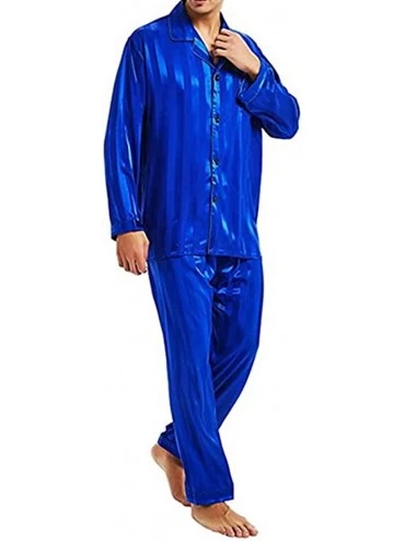 Sleep Sets Men Silk Satin Pajamas Set Long Sleeve Lapel Cardigan Trousers Sleepwear Loungewear - Stripe Dark Blue - C819COGY3...