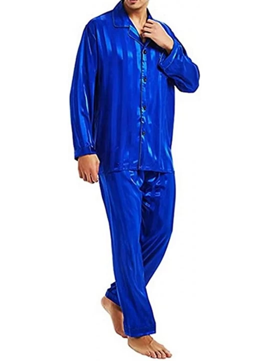 Sleep Sets Men Silk Satin Pajamas Set Long Sleeve Lapel Cardigan Trousers Sleepwear Loungewear - Stripe Dark Blue - C819COGY3...
