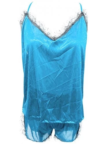 Sets Lace Pajamas Sets Womens Sexy Lingerie Satin Pajamas Cami Shorts Set Nightwear Sleeveless Sleepwear - H Blue - C6196O5DN...